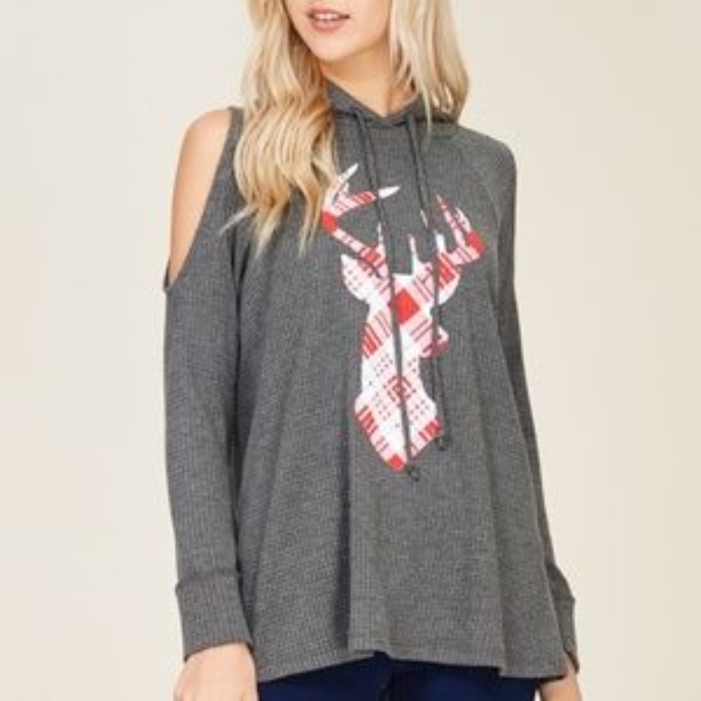 Christmas Top  Cold Shoulder  Gingham Reindeer